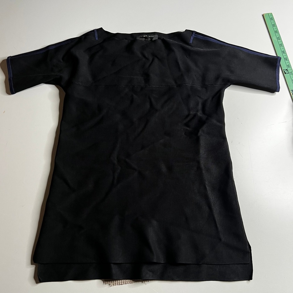 Rag & Bone Black Knit Tunic Top Short Sleeve Navy Trim Boat Neck XS